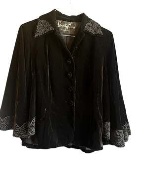 Vtg1940s Valen Original Black Velvet Beads Swing Jacket Cape Liberty Furs Lining
